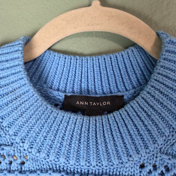 Ann Taylor Womens Blue Stitchy Elbow Length Crewneck Knit Sweater Size Large - Picture 4 of 6